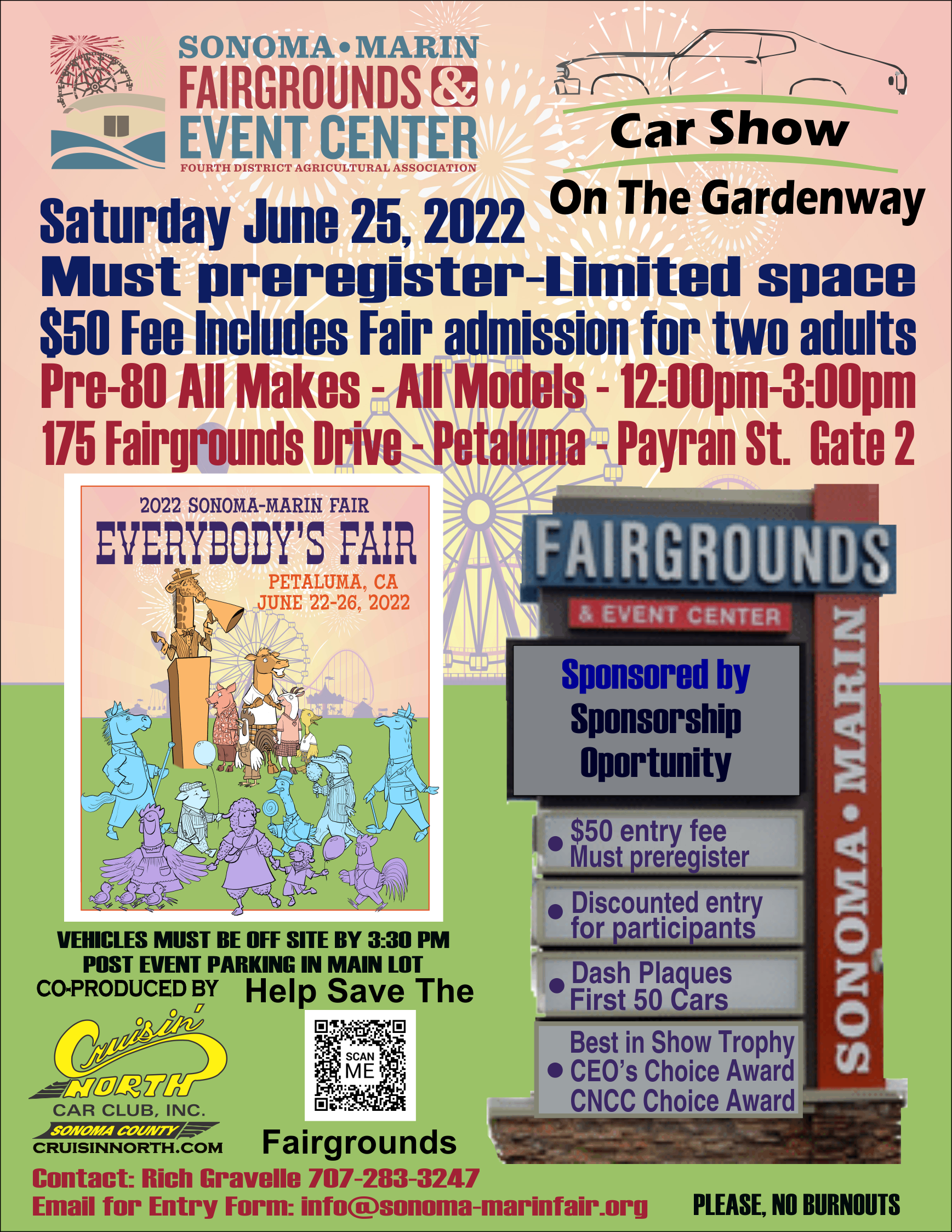 Car show on the Gardenway Sonoma Marin Fair 2022 Flier website